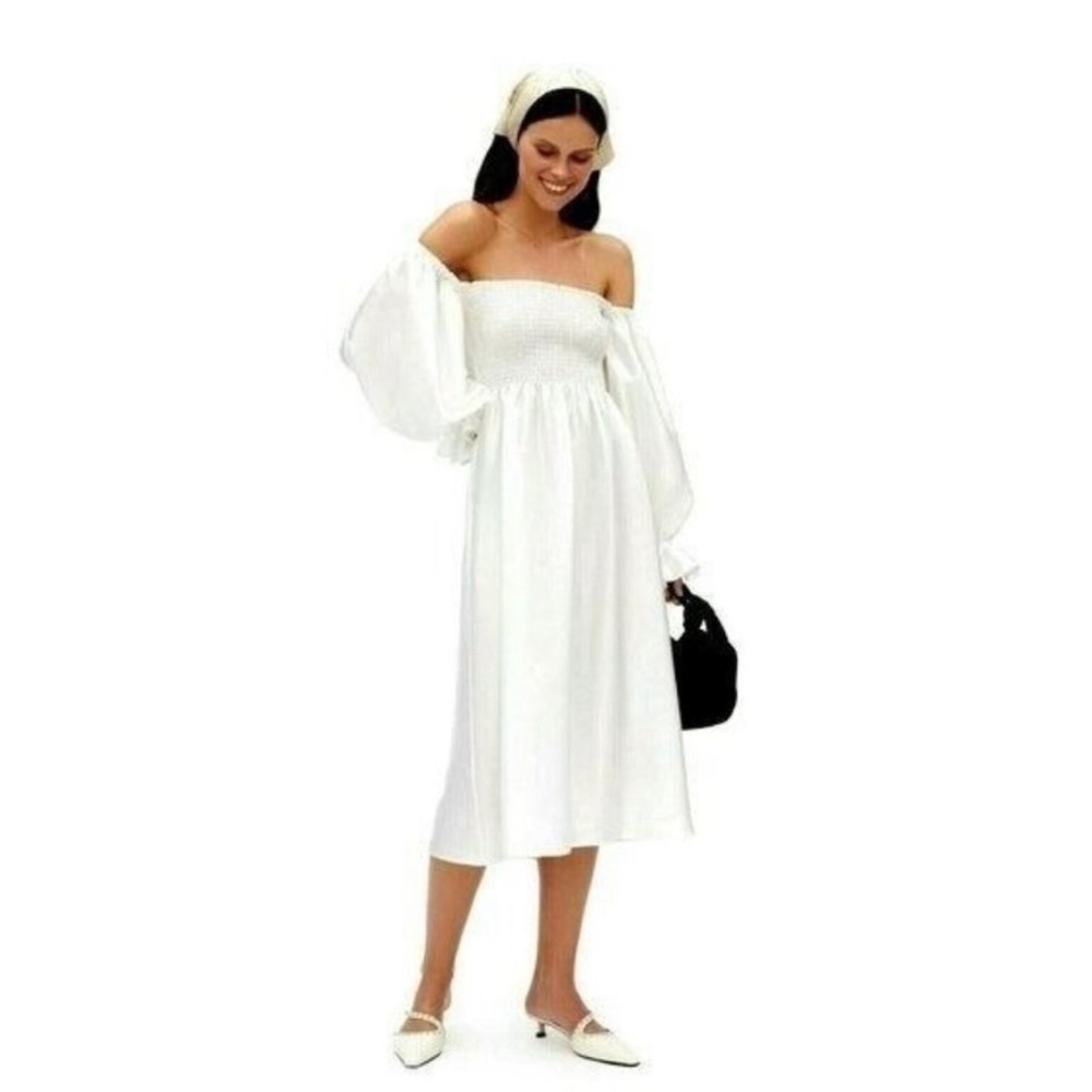 Sleeper Atlanta White Silk Midi Dress - Off Shoulder, Smocked - Bridal